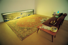 Hale Tenger, Anatomically Modern Humans (Homo Sapiens Sapiens),1998, Empty aquariums, carpet, sofa, coffee table, dried fish, lightbox with panoramic image from Mars and found objects including lava lamp, magazines, photographs, Dimensions variable