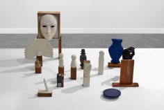 Ana Mazzei, Scene 1, 2019, Wood, painted cardboard, jesmonite, fabric, wool and digital print, Dimensions variable, Composed of 14 peices