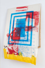 Tomashi Jackson  &quot;Square Up (Yellow Light) (When the land is mapped it means they want to take it)&quot;, 2019  Acrylic and silkscreen on muslin  66 x 45 1/2 x 9 inches