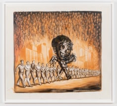 Nicole Eisenman &quot;Self Portrait Walking Down Street With an Outrageous Party Atmosphere Descending&quot;, 1997  Ink on gessoed paper  51-1/2 x 57-3/4 inches