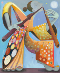 This is an image of a painting by Antone K&ouml;nst made in 2023 titled: Dancer with Flutes.