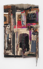 Noah Purifoy &quot;Rags &amp; Old Iron II (after Nina Simone)&quot;, 1989  Fabric, burlap, embroidery, thread, paper bag handles, acrylic paint, charred wood, acrylic shag, on wood support  62-1/2 x 40-1/2 x 6 inches