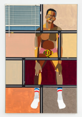 Derrick Adams &quot;Figure in the Urban Landscape 12&quot;, 2017 Acrylic, graphite, ink, fabric on paper collage, grip tape, and model cars on wood panel 72-1/2 x 48-1/2 inches