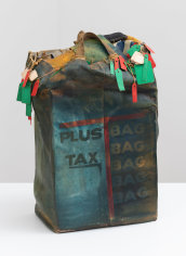 John Outterbridge &quot;Plus Tax: Shopping Bag Society, Rag Man Series&quot;, 1971  Mixed media  20 x 13-1/2 x 7-1/2 inches