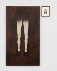 This is an image of the artwork by Kim Dingle titled &quot;Lincoln's Legs in Loafers with Photo&quot; made in 1991 and on view in the exhibition, Empty Legs, curated by Jacob Billiar at Tilton Gallery.