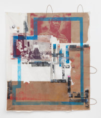 Tomashi Jackson  &quot;John Brown's Body (Mr. Dorce in Red)&quot;, 2019  Mixed media and collage on paper and muslin  58 1/4 x 50 1/4 inches