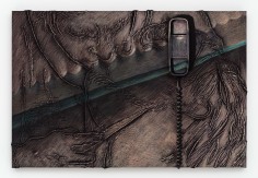 Ernesto Renda  Knife's Edge (Single White Female, 1992), 2022  Telephone, screws, acrylic, wax pastel, canvas, glue relief on panel  24&frac14; x 36&frac14; x 3&frac12; in.