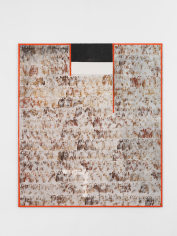 Jared Owens  Shadow Boxing #1, 2022  Mixed media on panel, soil from prison yard at F.C.I. Fairton, lino printing  60 x 72 in.