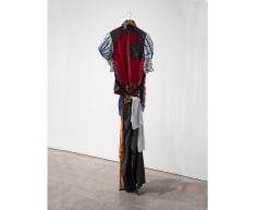 Installation view of Eric N. Mack's Performance (suit), 2019 assorted garments, thread, pins 80 x 25 x 12 in. (203.2 x 63.5 x 30.5 cm)