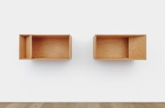 Donald Judd's Untitled Plywood 2-piece sculpture from 1989 installed on the wall, overall dimensions: 19 5/8 x 98  x 19 5/8 in. (50 x 250 x 50 cm)