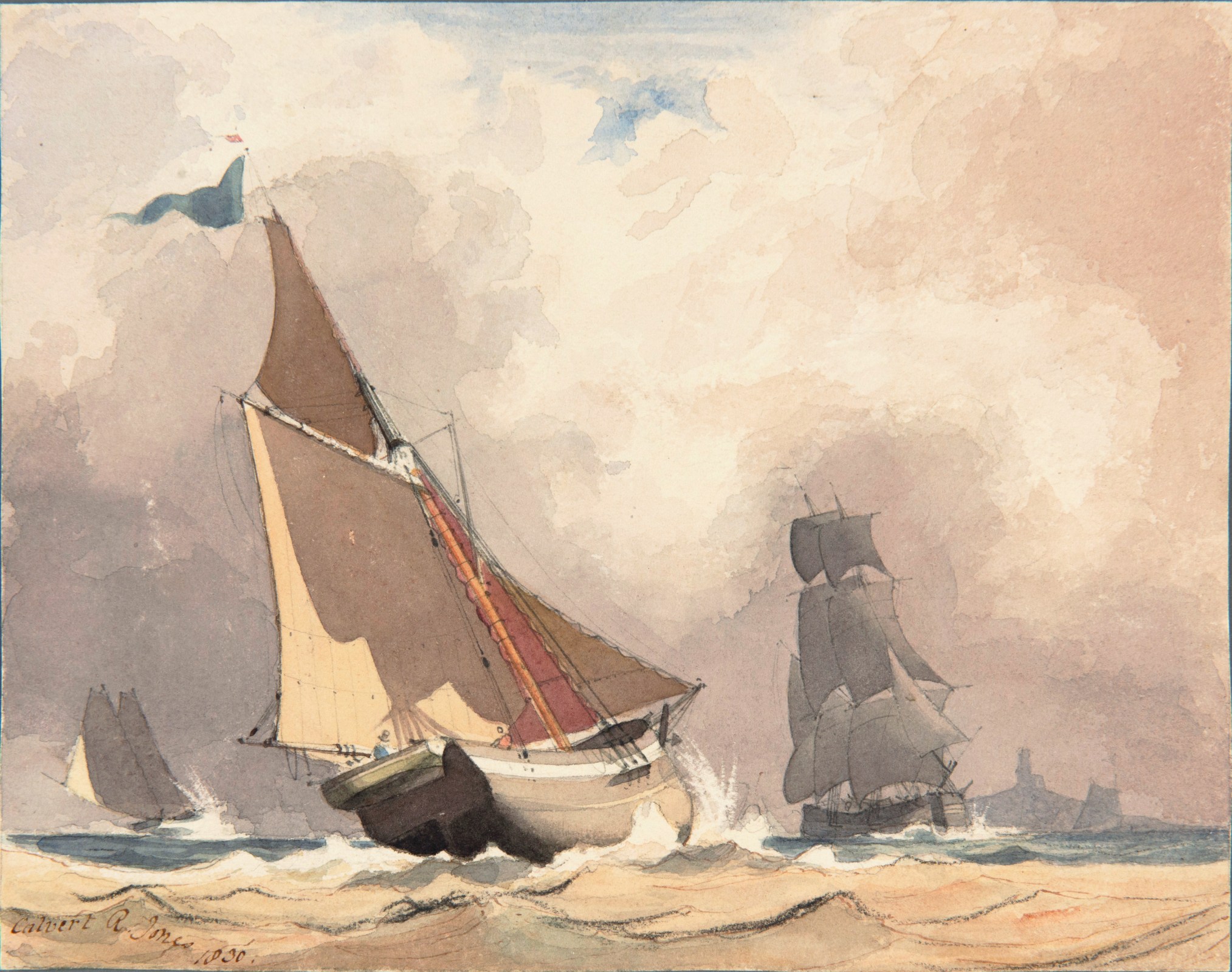 Rev. Calvert Richard Jones (Welsh, 1802-1877) Study of sailing vessels, 1830 Watercolour 16.3 x 20.4 cm