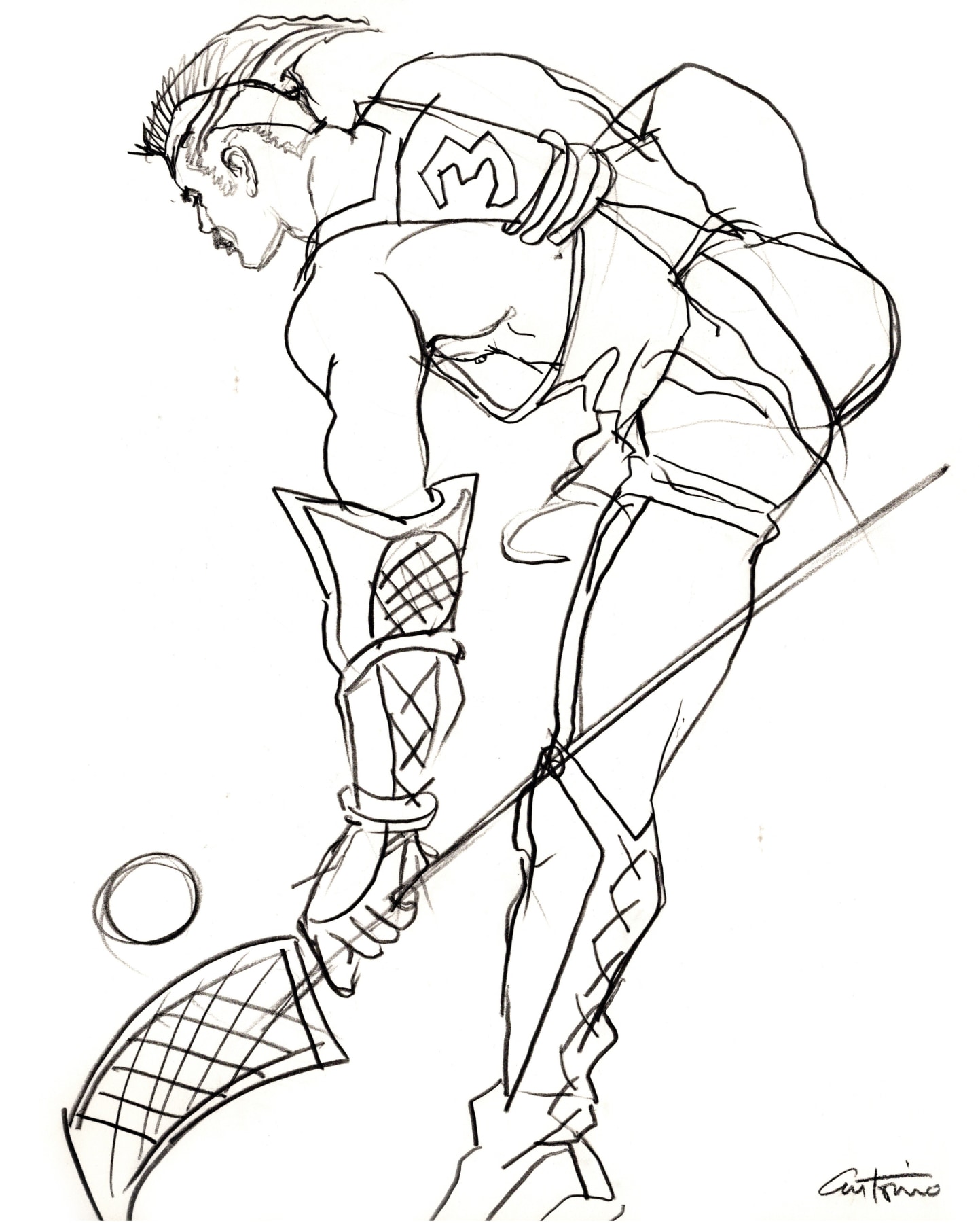 Drawing of lacrosse player by Antonio Lopez