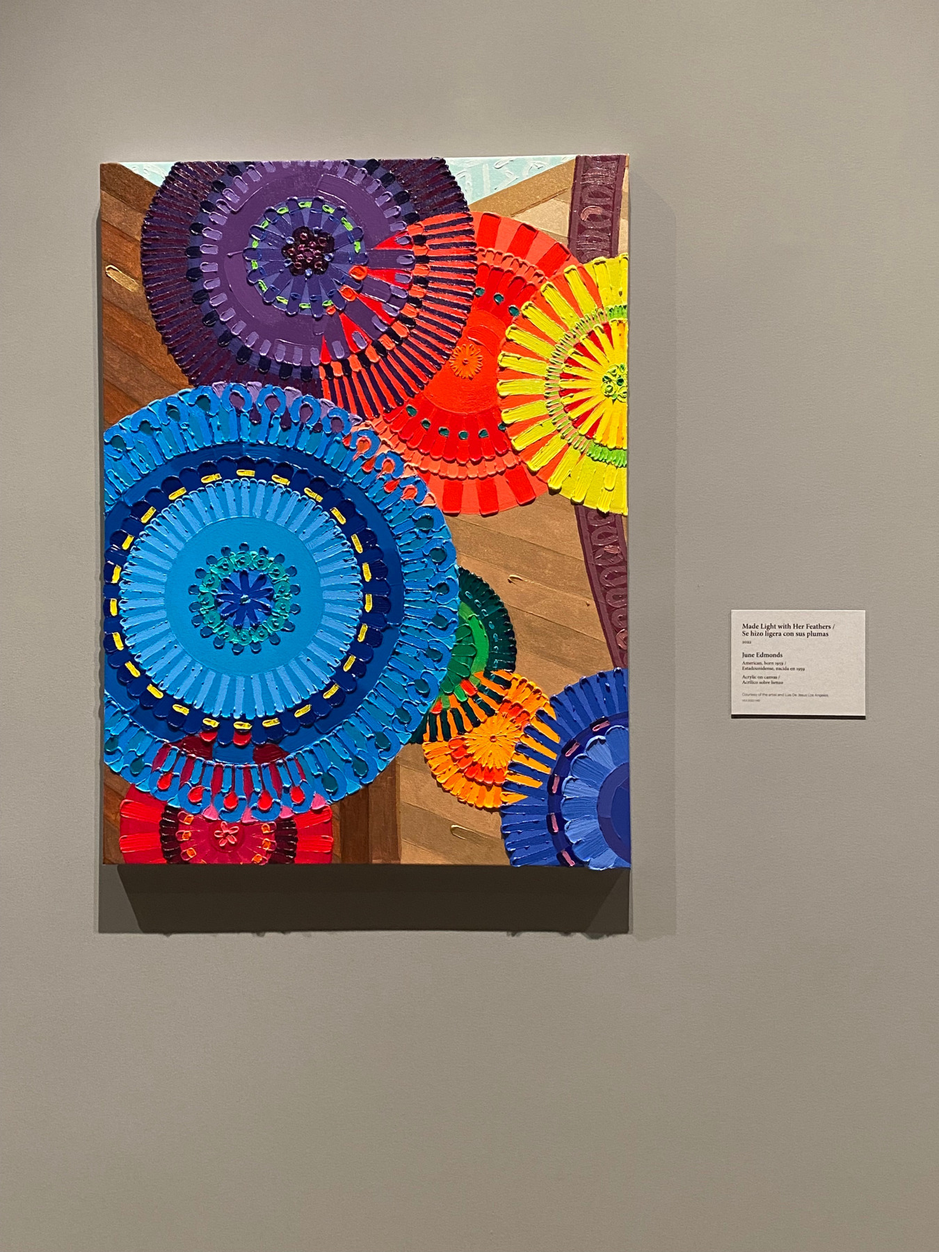 Installation view of&nbsp;June Edmonds, Made Light With Her Feathers, 2022, at the Getty Villa