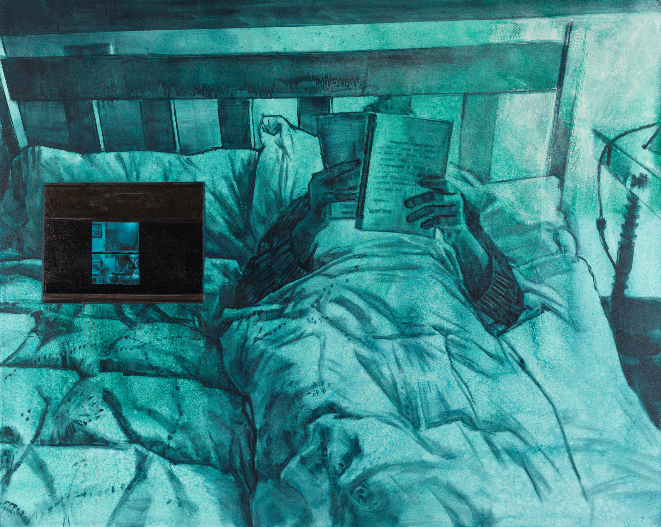 Laura Karetzky, Teal Text Window, 2021, Oil on panel, 60 x 48 in.