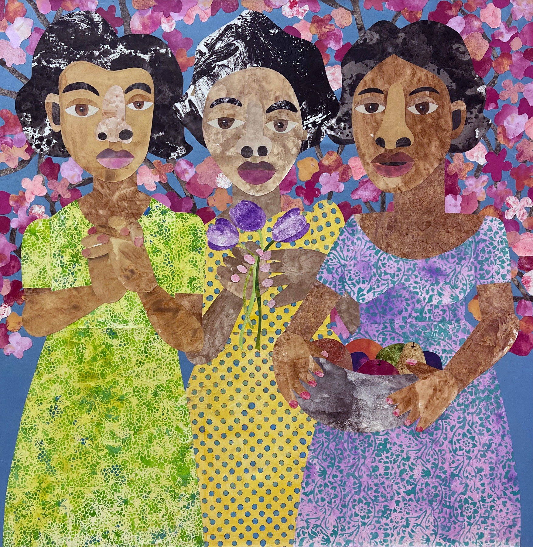 Evita Tezeno, Joy, Compassion, Generosity, 2022, Mixed media collage and acrylic on canvas, 48 x 48 in.