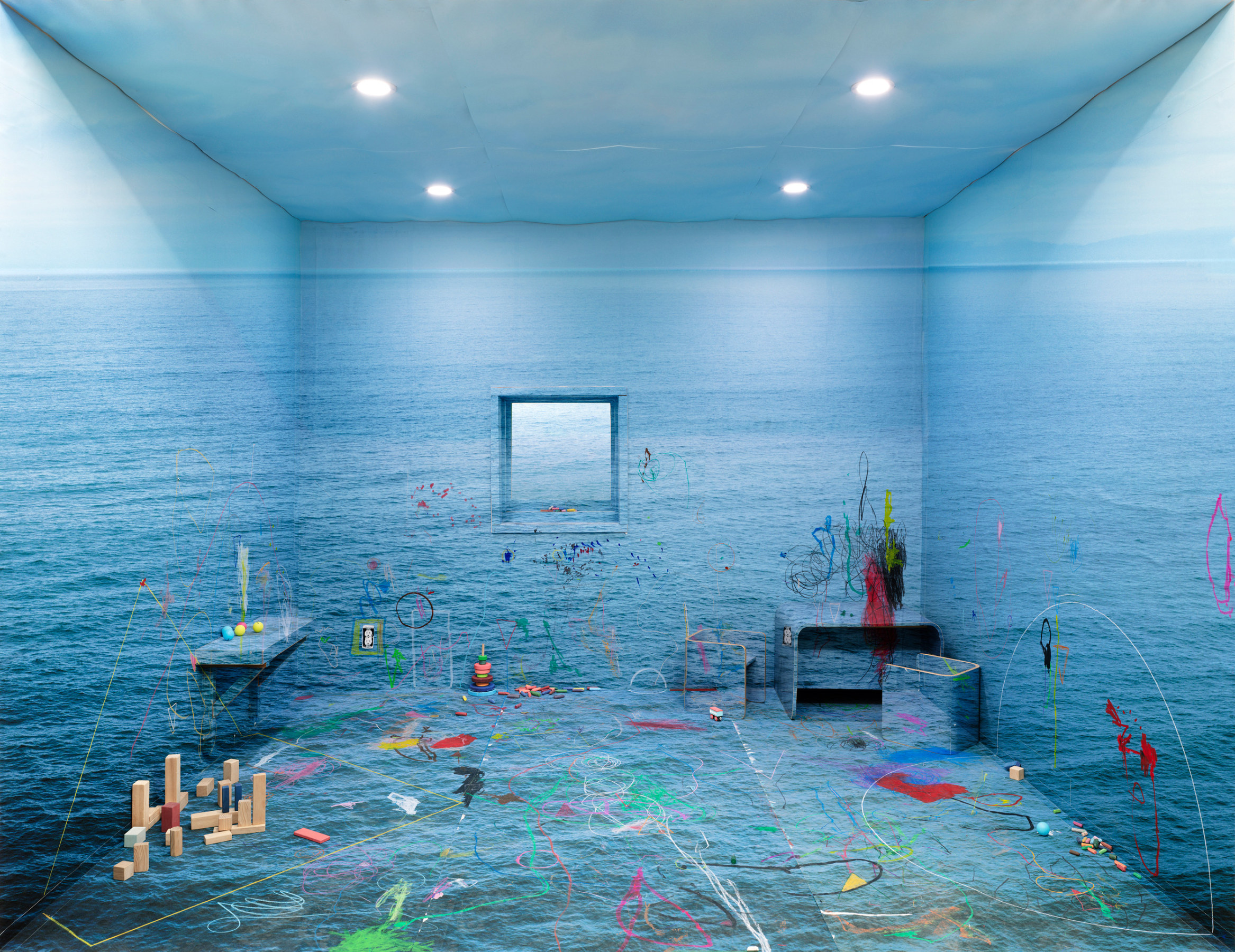 Photograph of a sea scape with paint overlay sculpted within the perspective of a room