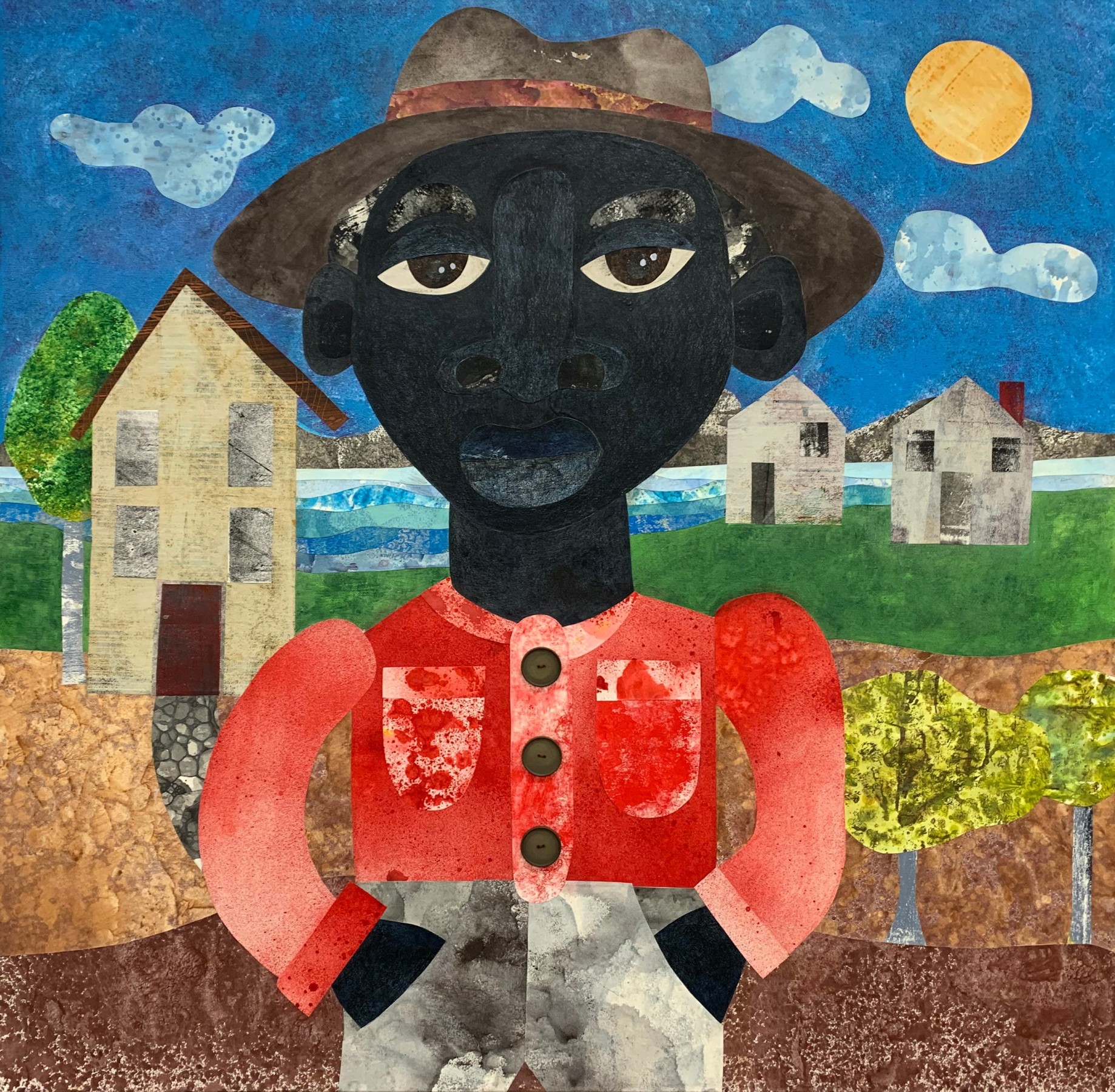 Evita Tezeno, Quittin' Time, 2022, Mixed media collage, buttons, and acrylic on canvas, 36 x 36 in.