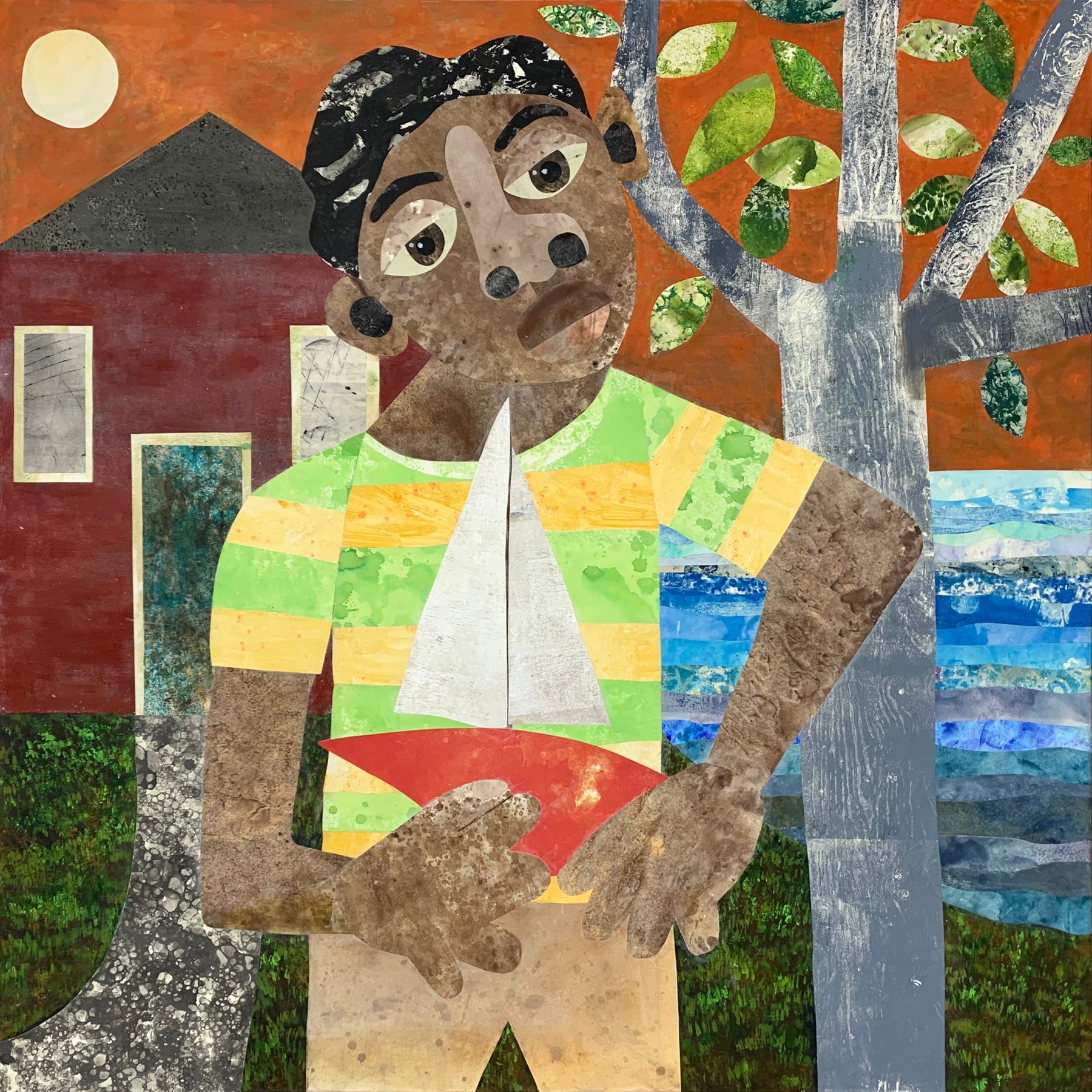 Evita Tezeno, I Want to Sail the Oceans When I Grow Up!, 2022, Mixed media collage and acrylic on canvas, 48 x 48 in.