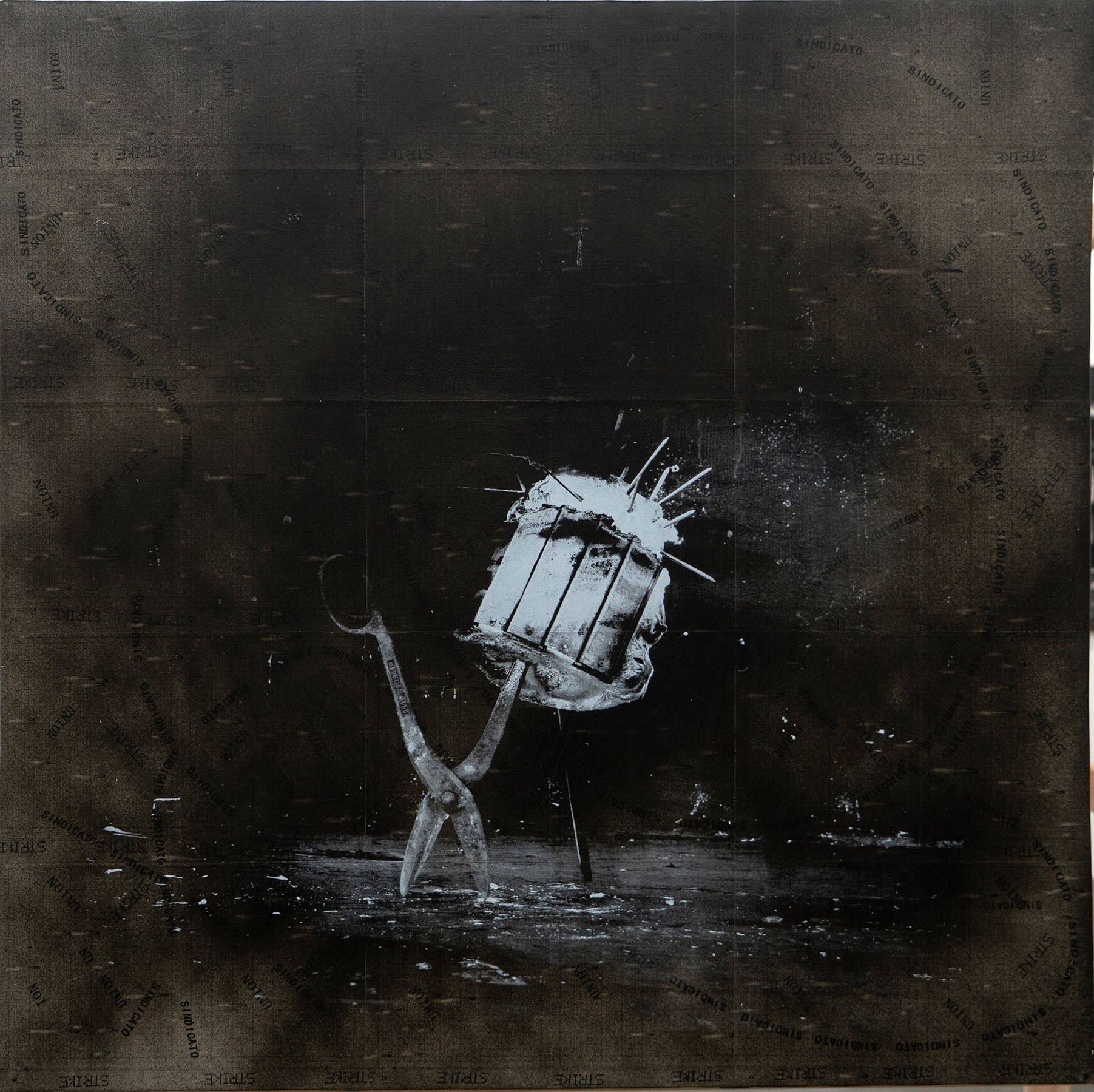 Rodrigo Valenzuela, Weapons #9, 2021, Screenprint on collaged time cards on canvas, 48 x 48 in.