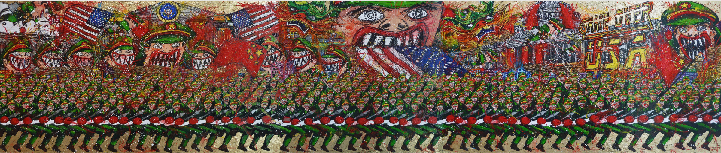 Federico Solmi Chinese Democracy Parade (Tyrant Devouring USA Flag), 2012 Acrylic, ink, gold leaf on paper mounted on wood panel ​19.5 x 92 in.