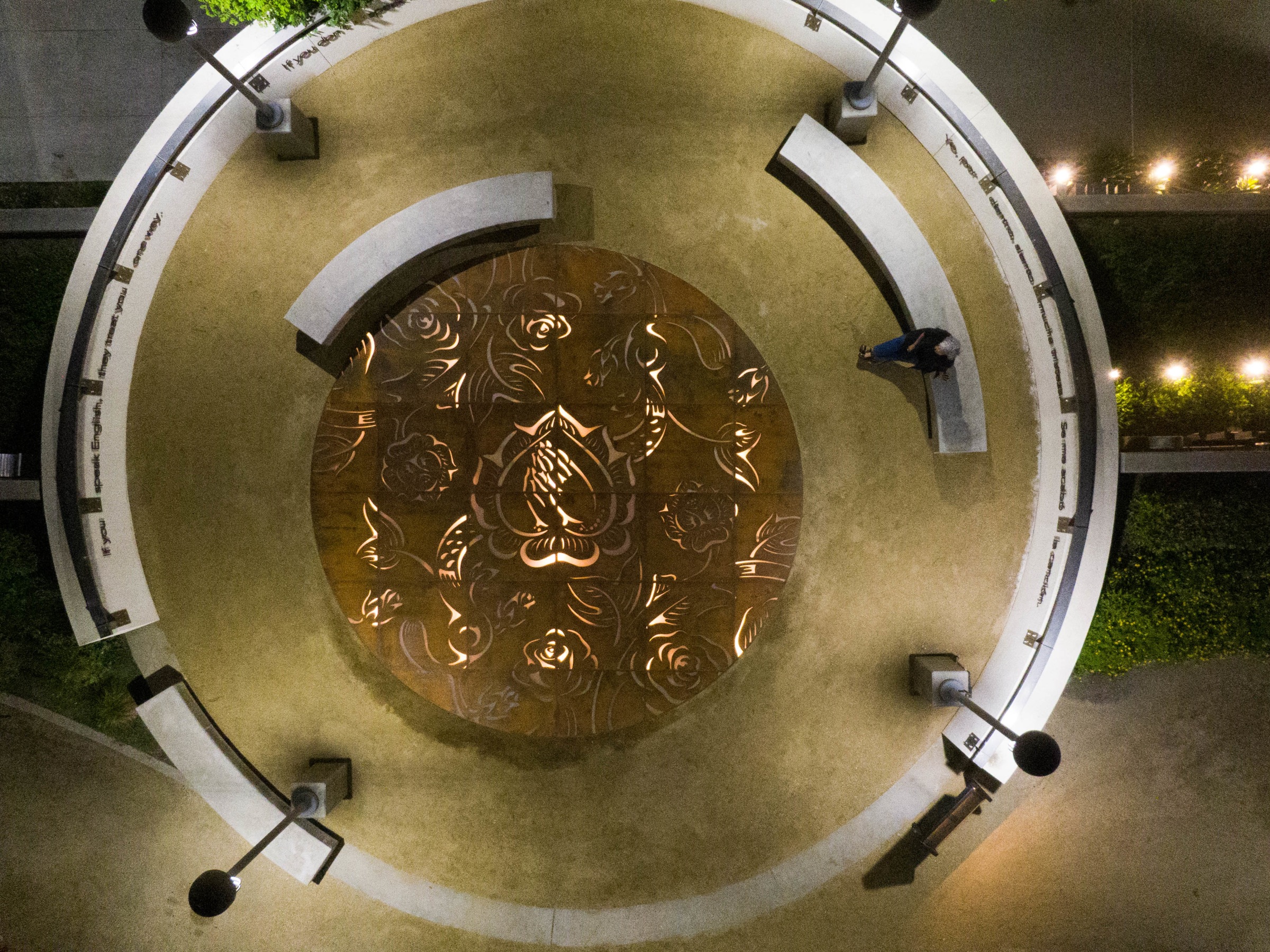 View of Phung Huynh, Sobrevivir, 2021, Corten steel and LED Lights, permanent installation at LAC + USC Medical Center, Los Angeles, CA. Photo by Steven Lam.