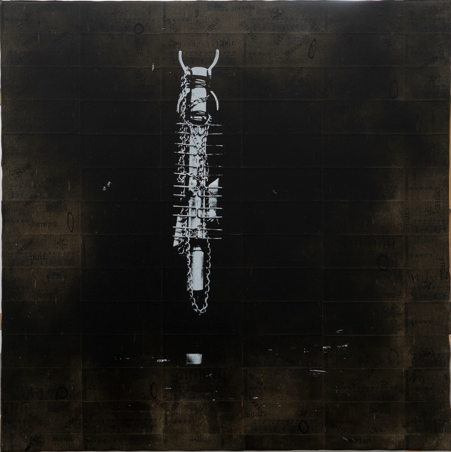 Rodrigo Valenzuela, Weapons #8, 2021, Screenprint on collaged time cards on canvas, 48 x 48 in.