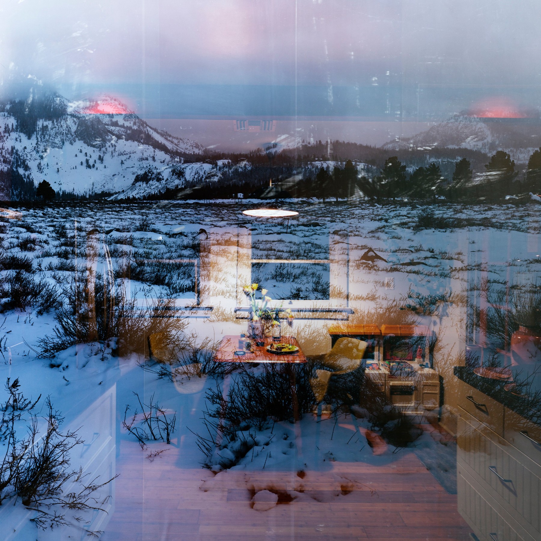 Photograph of Mammoth with an overlay of a photograph of a kitchen/dining room