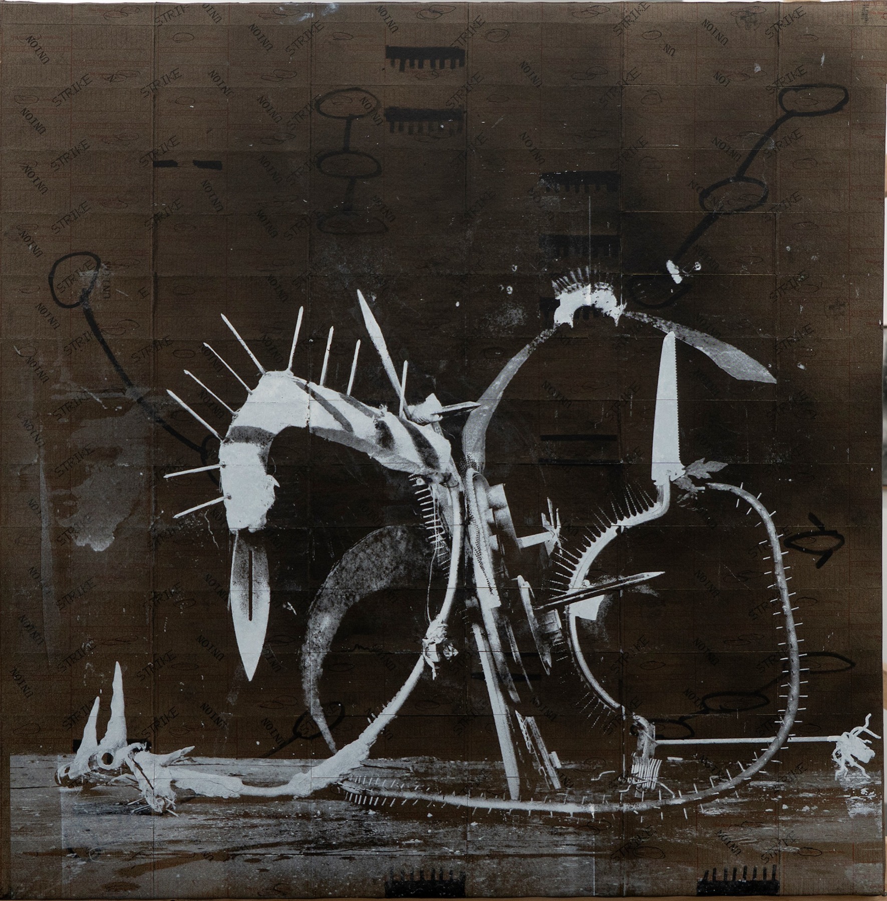 Rodrigo Valenzuela, Weapons #7, 2021, Screenprint on collaged time cards on canvas, 48 x 48 in.