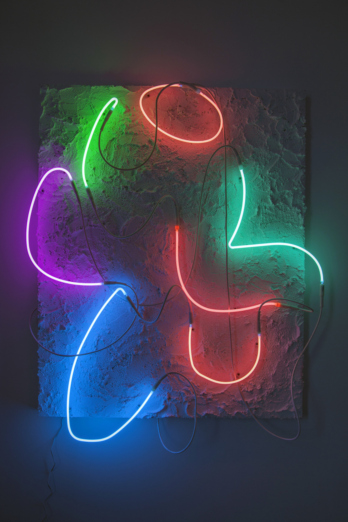 Brandon Andrew Siri&rsquo;s Voice, Nobu Malibu, Now &amp; Laters, Urban Outfitters, The New Yorker, MFA Programs, Volvo, Quinoa, Vintage Rugs, Chalkboard Menus, 2016 Acrylic paint, stucco, neon on panel 52 x 42 in.