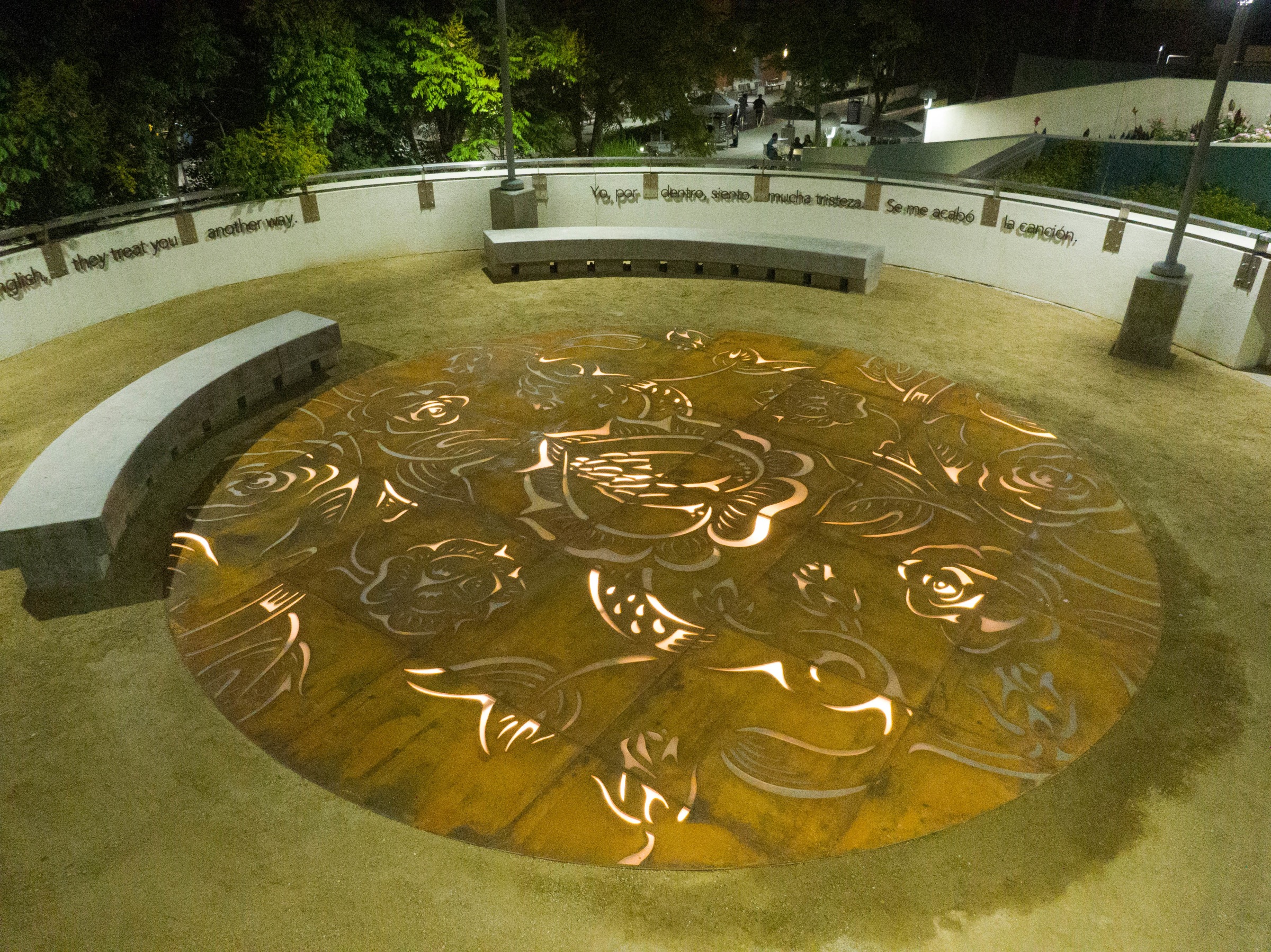 View of Phung Huynh, Sobrevivir, 2021, Corten steel and LED Lights, permanent installation at LAC + USC Medical Center, Los Angeles, CA. Photo by Steven Lam.