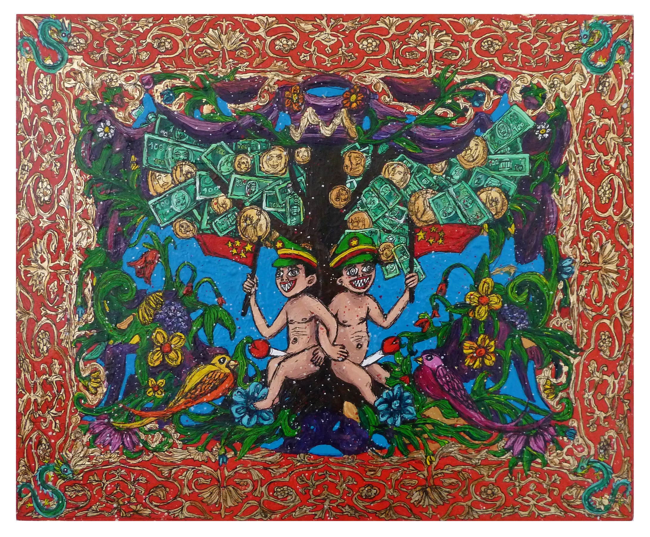 Federico Solmi Chinese Democracy and The Last Day On Earth (Tyrant&rsquo;s Feast), 2012 Acrylic, ink, gold leaf on paper mounted on wood panel ​16 x 20 in.