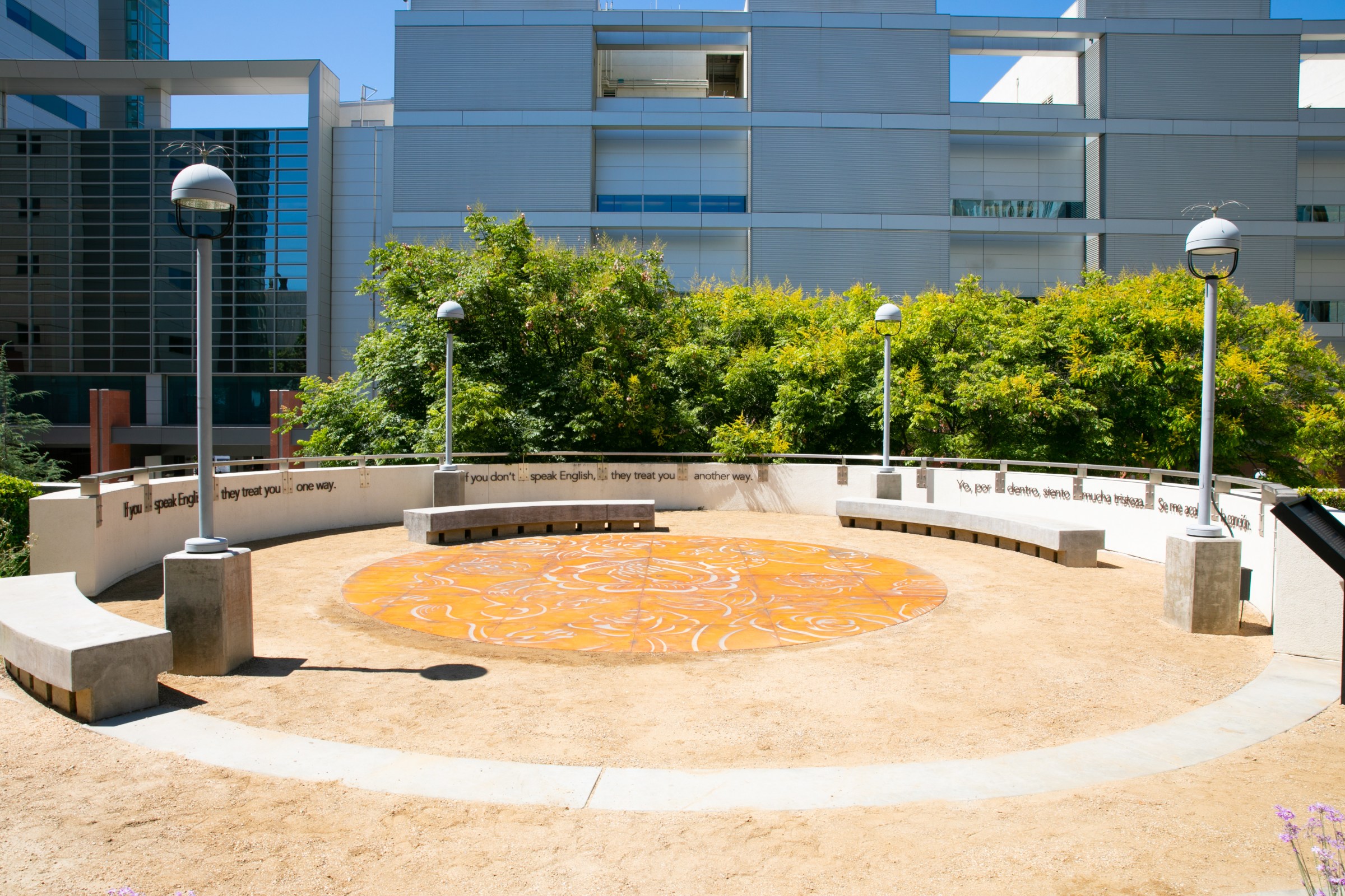 View of Phung Huynh, Sobrevivir, 2021, Corten steel and LED Lights, permanent installation at LAC + USC Medical Center, Los Angeles, CA. Photo by Steven Lam.