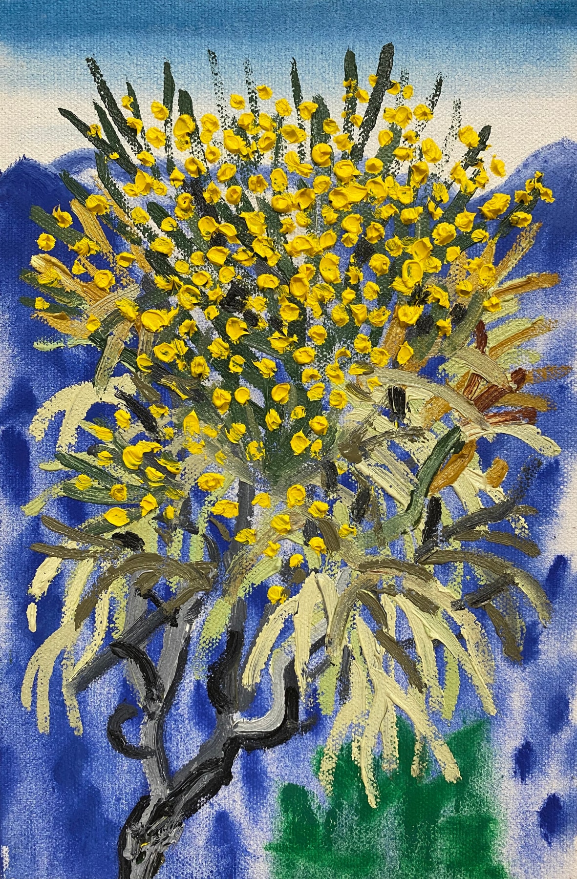 Oil painting of a yellow plant in front of a blue mountain scape