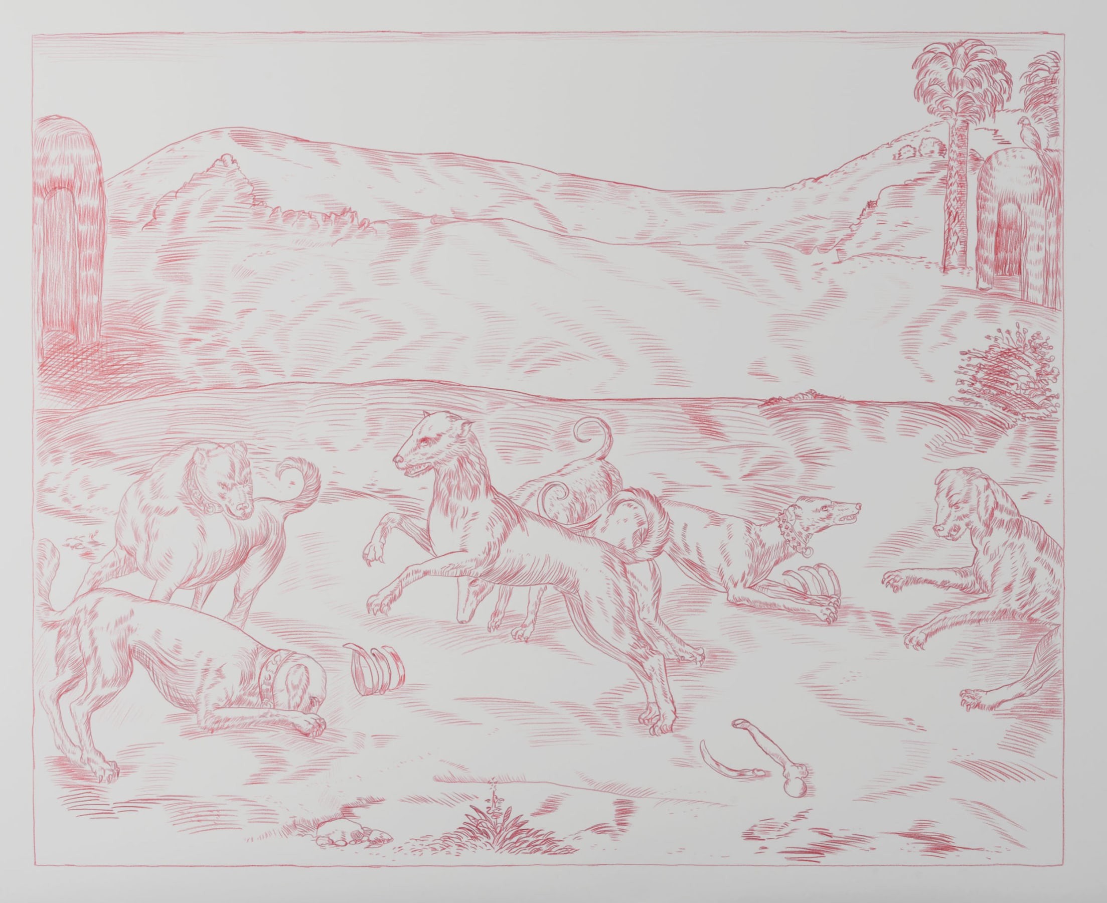 Ken Gonzales-Day, Untitled (After Theodore de Bry, Balboa has Indians who committed the sinful act of sodomy thrown before the dogs to be torn to pieces, America, Plate 22, V. 4., 1590-1602), 2021, Color pencil and archival ink on rag paper, 30 x 37 in.