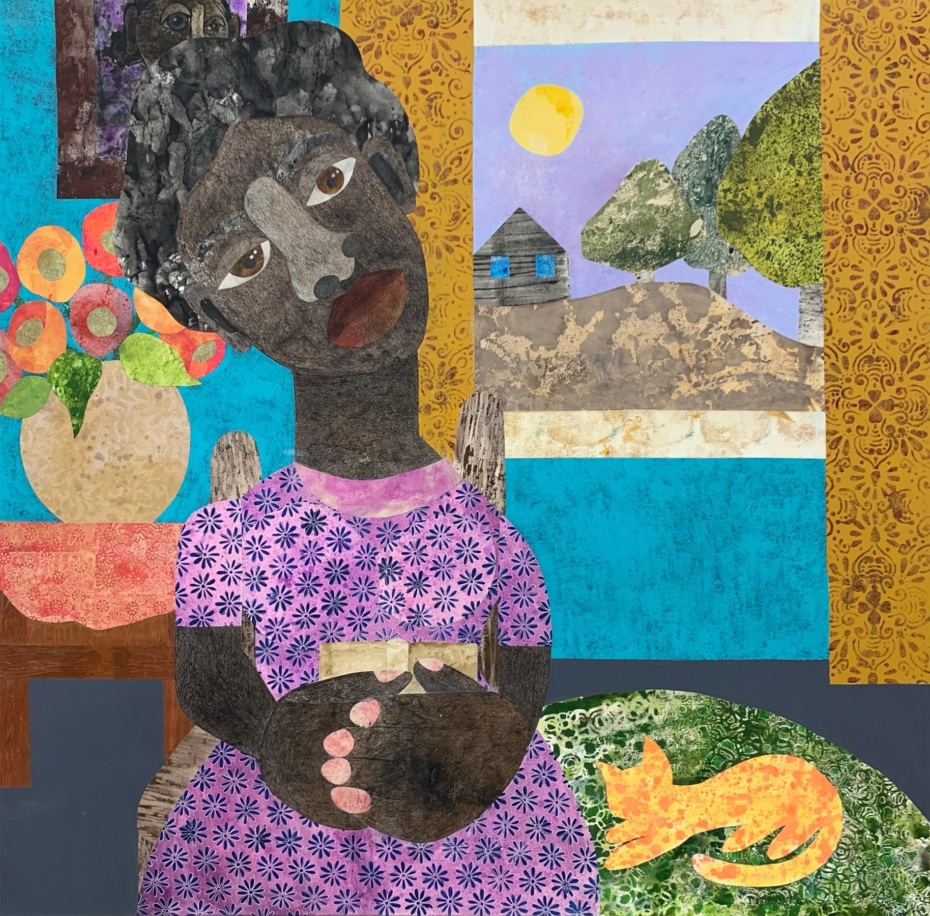 Evita Tezeno, Come and Rest a Little While, 2022, Mixed media collage and acrylic on canvas, 48 x 48 in.