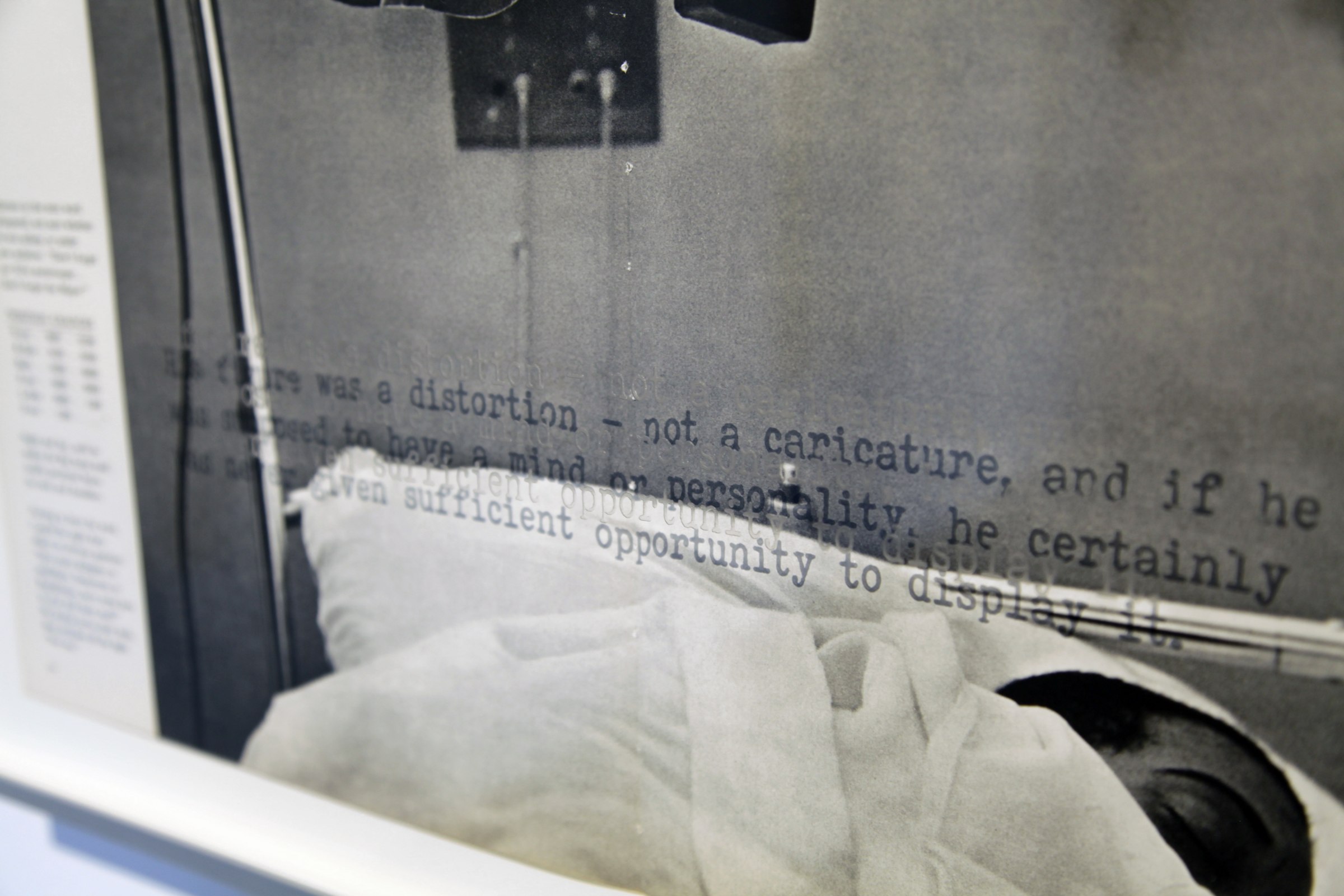 Brandon Andrew Only the Oppressor Knows Peace Because He is Rarely Challenged,2016 Found photo, printed text on glass, 11 x 14 in.