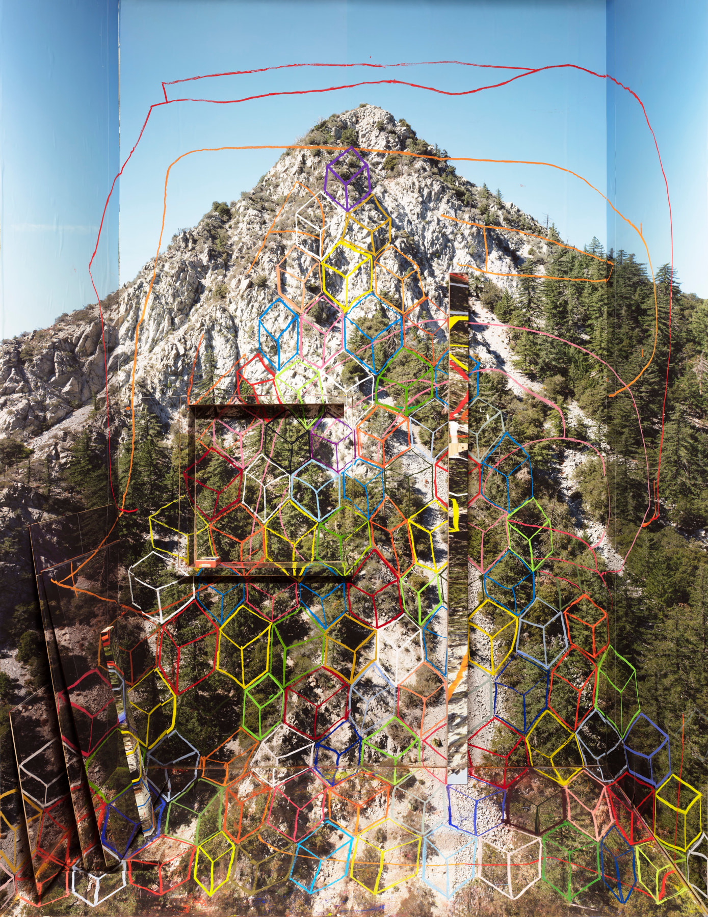 Picture of a mountain with paint overlay sculpted within the perspective of a room