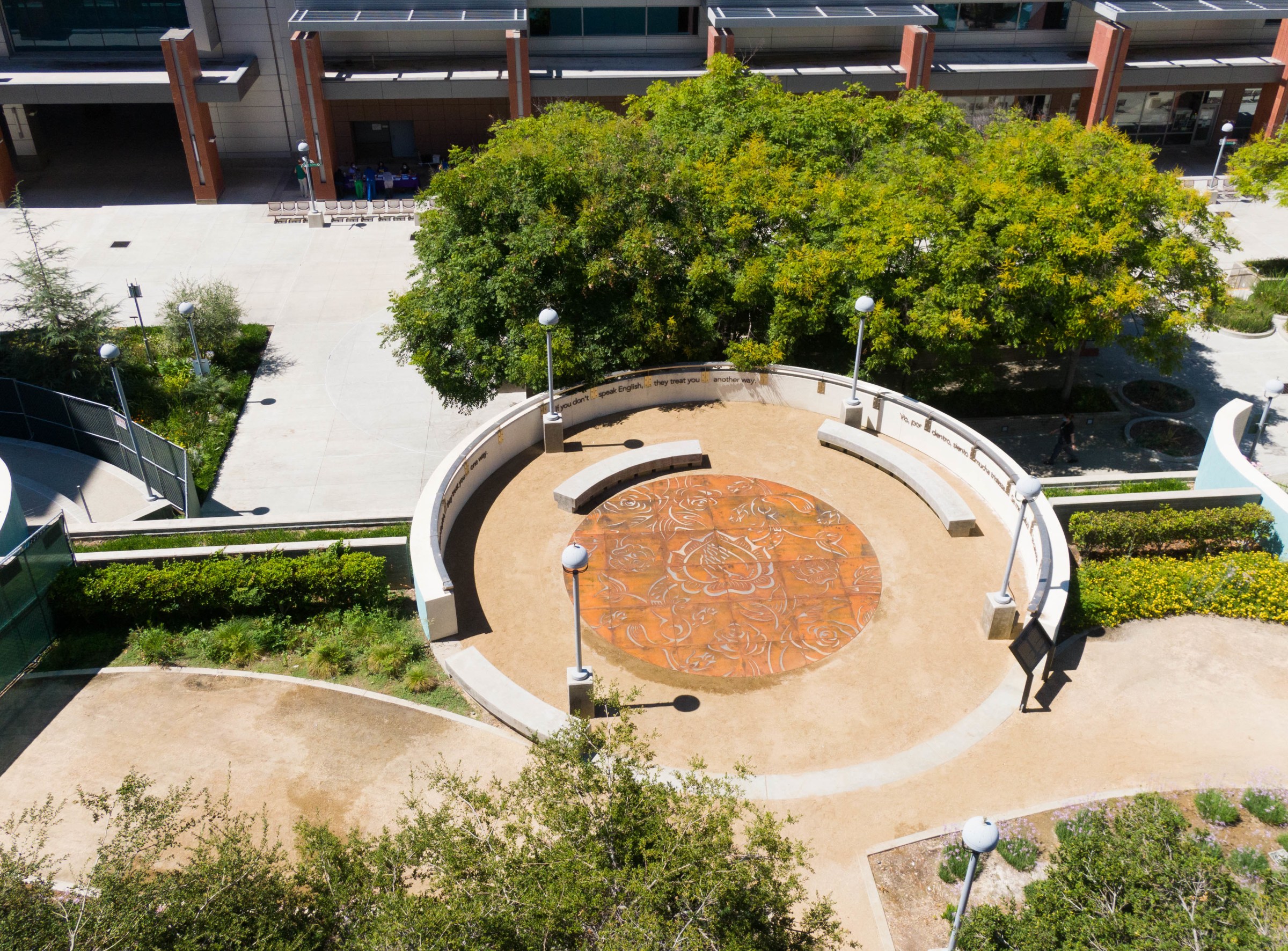 View of Phung Huynh, Sobrevivir, 2021, Corten steel and LED Lights, permanent installation at LAC + USC Medical Center, Los Angeles, CA. Photo by Steven Lam.