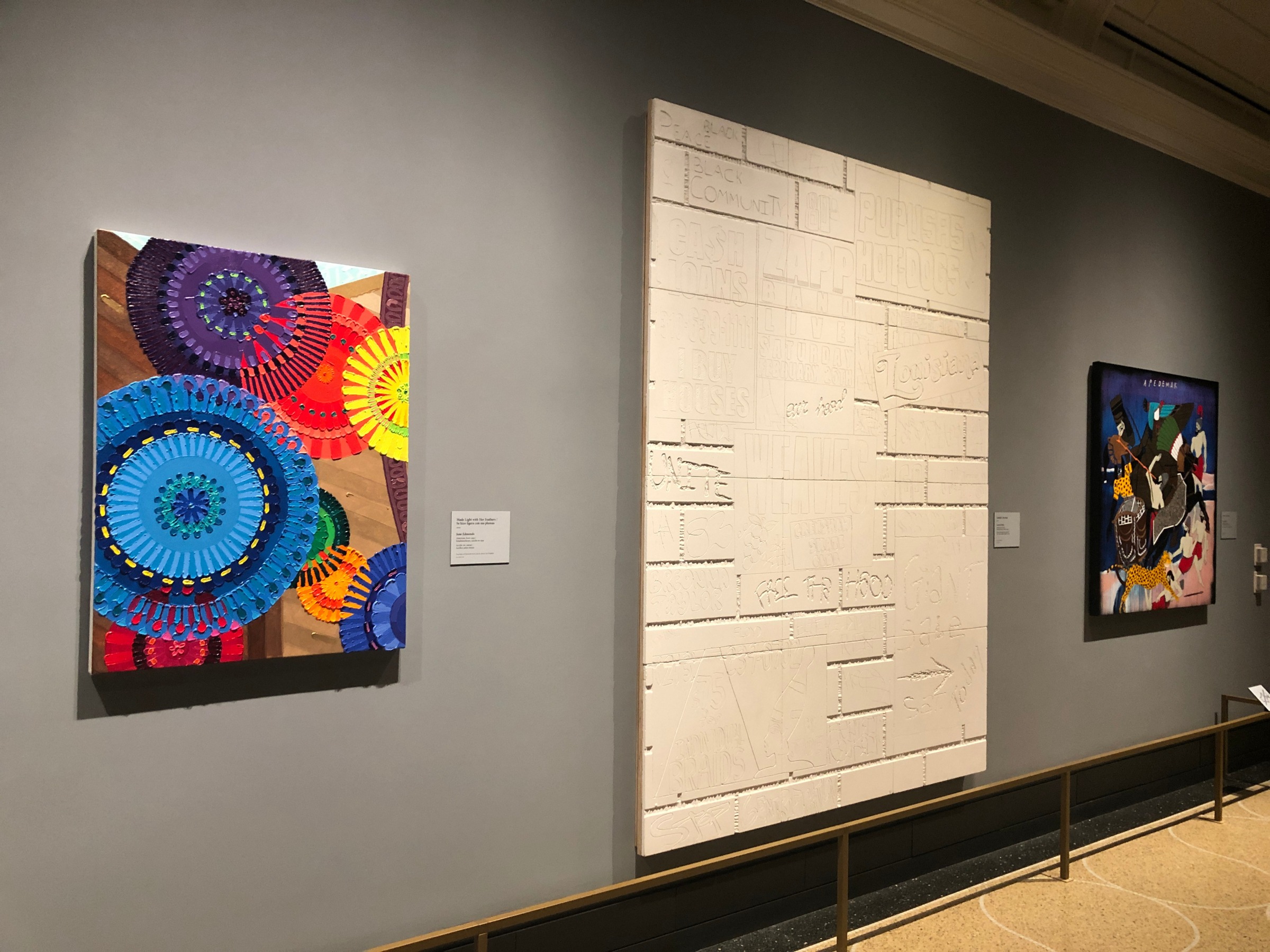 Installation view of&nbsp;June Edmonds, Made Light With Her Feathers, 2022, at the Getty Villa