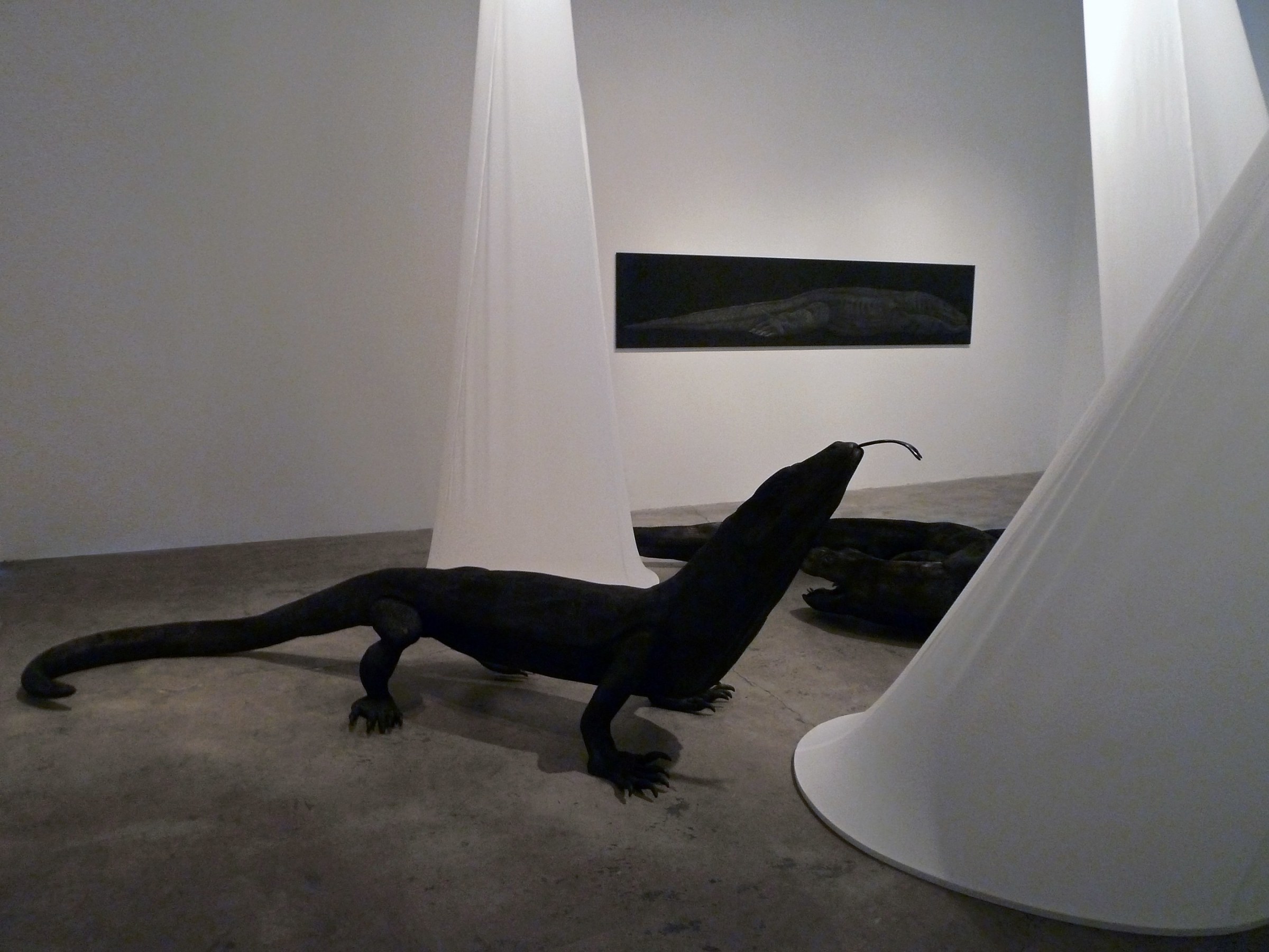 Installation View of Marisol Rend&oacute;n: So, Dragons Do Exist?  2013 Wood, fabric, lighting Variable dimensions.