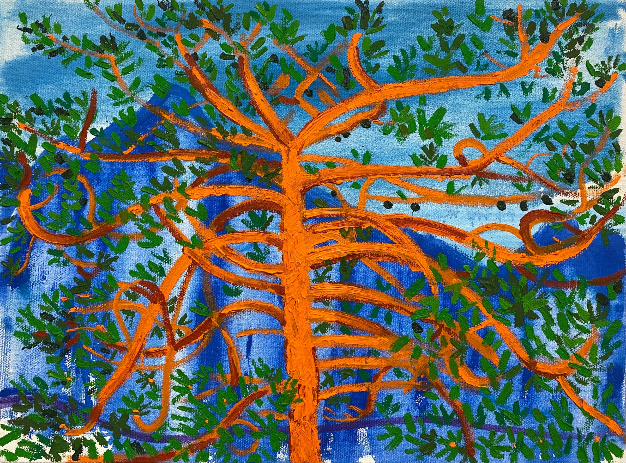 Oil painting of a wide-spread orange tree with a blue mountain background