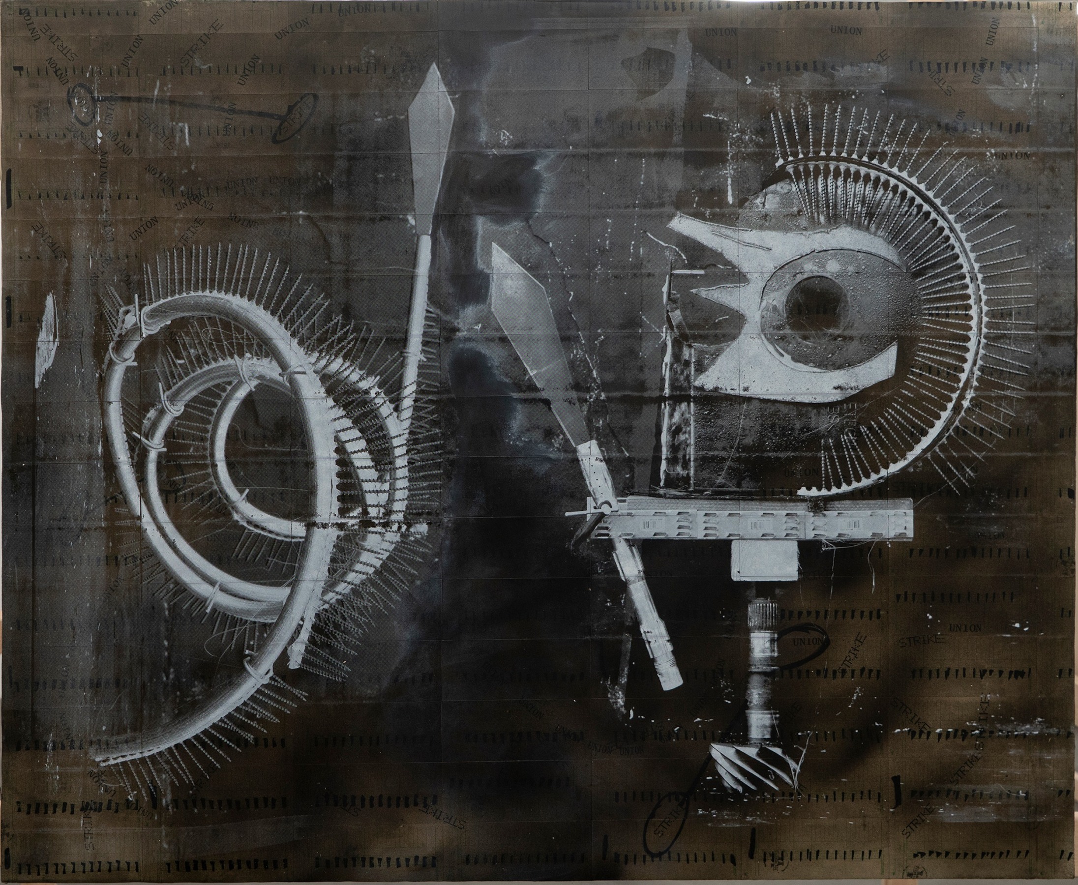 Rodrigo Valenzuela, Weapons #12, 2021, Screenprint on collaged time cards on canvas, 48 x 60 in.