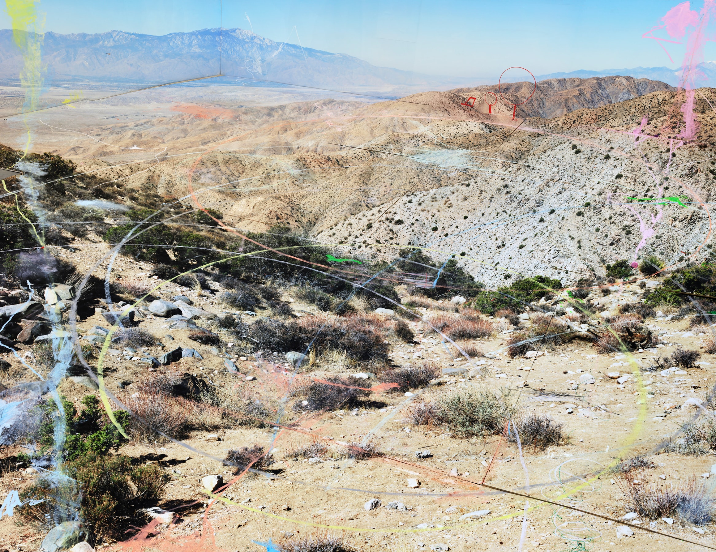 Photograph of a landscape with paint overlay sculpted within the perspective of a corner in a room