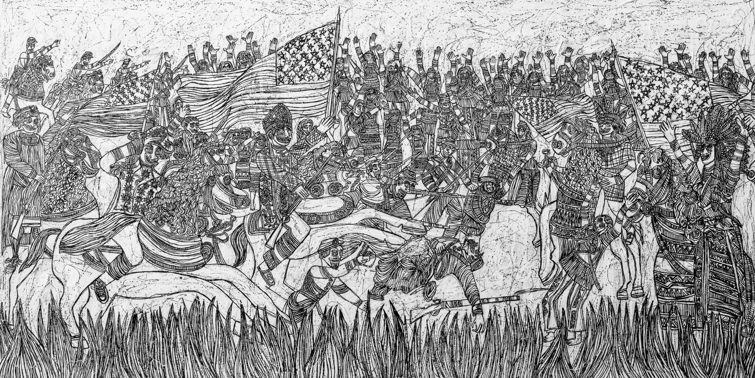 A black and white drawing depicting a fight between Native Americans and colonial forces with American flags.