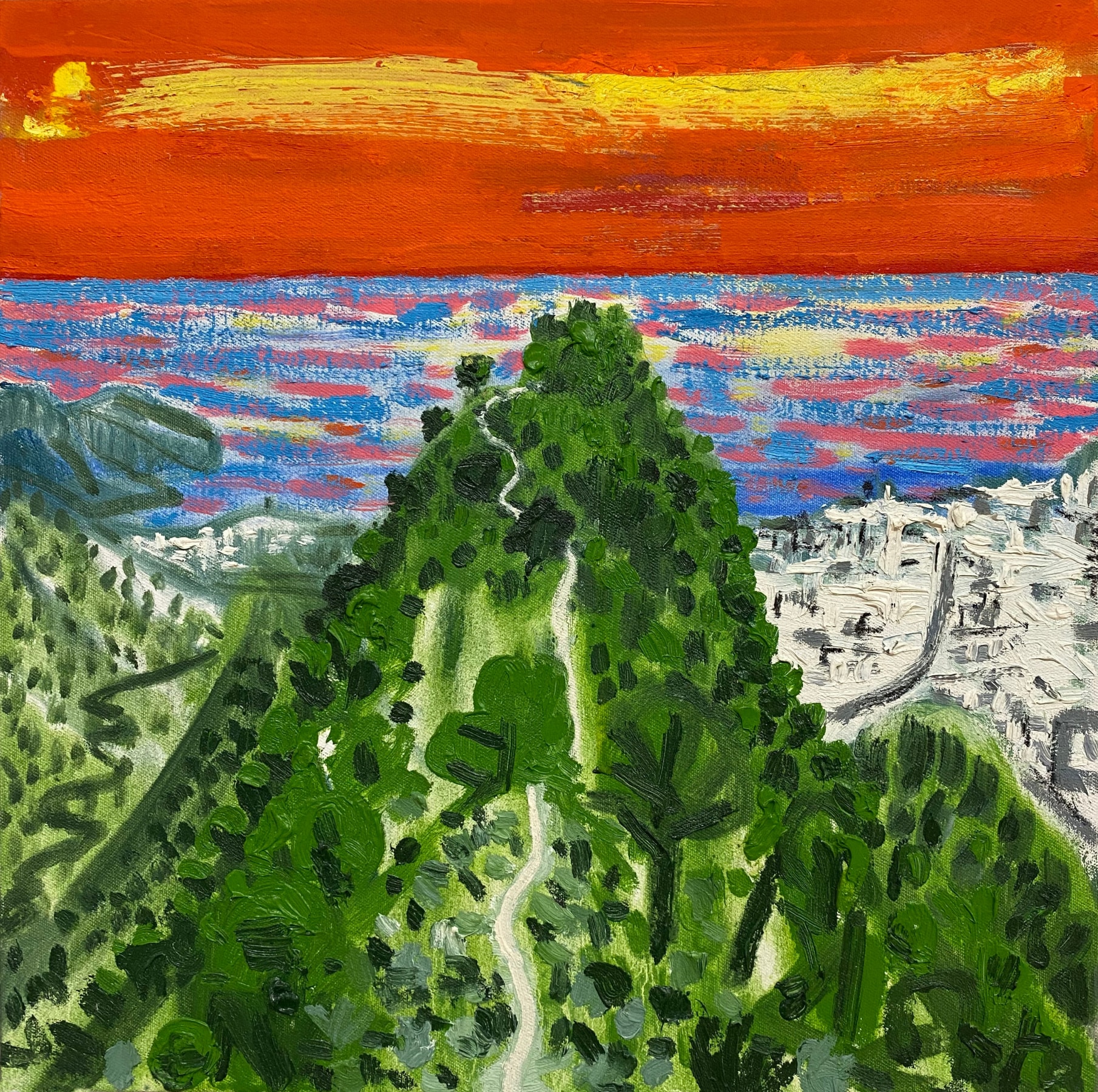 Oil painting of a bird's eye view of a town, mountain, and sea scape at sunset