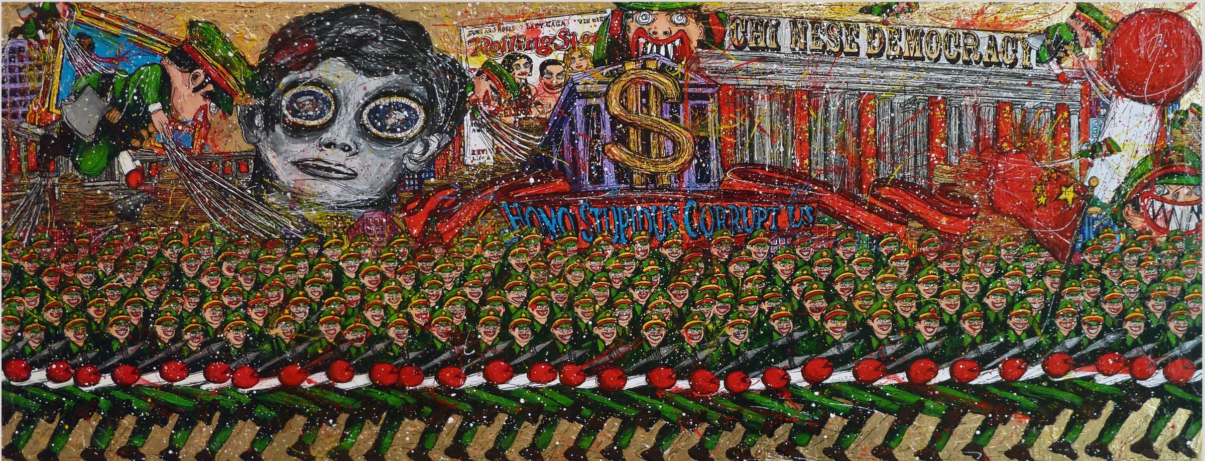 Federico Solmi Chinese Democracy (Parade-Wall Street), 2012 Acrylic, ink, gold leaf on paper mounted on wood panel  9.5 x 52 in.