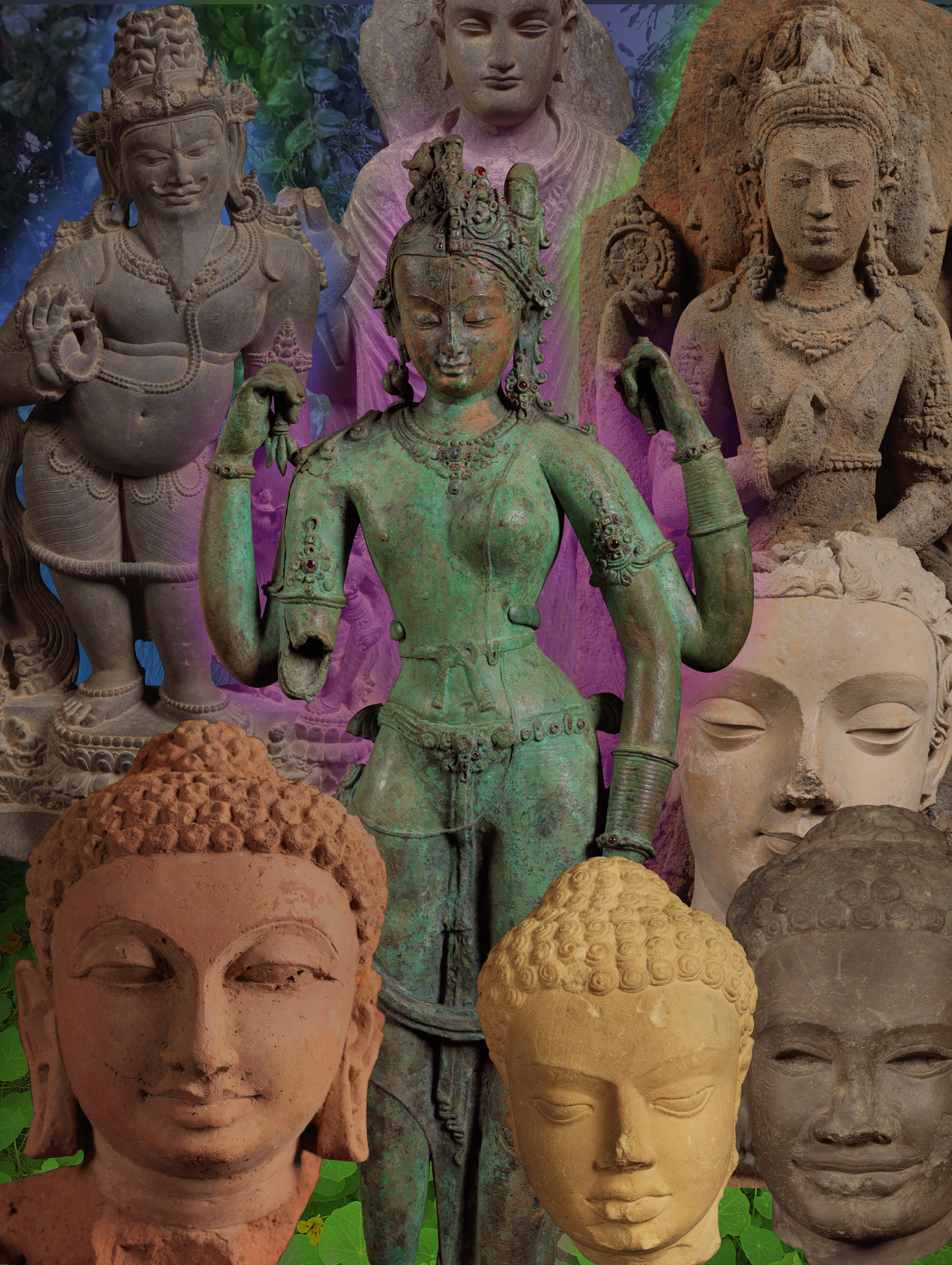 Ken Gonzales-Day Shiva (Digital composition with India, Bihar, Lakhi Sarai, The Maharishi (Great Sage) Agastya; Pakistan, Gandhara region, Buddha Shakyamuni; Indonesia, Central Java, Brahma, The God of Creation; Nepal, The Androgynous Form of Shiva and Parvati (Ardhanarishvara); Pakistan or Afghanistan, Gandhara region, Head of Buddha Shakyamuni; India, Gujarat, Devni Mori, Head of Buddha Shakyamuni; India, Uttar Pradesh, Sarnath, Head of Buddha Shakyamuni; Cambodia, Head of Buddha Shakyamuni; all LACMA), 2025