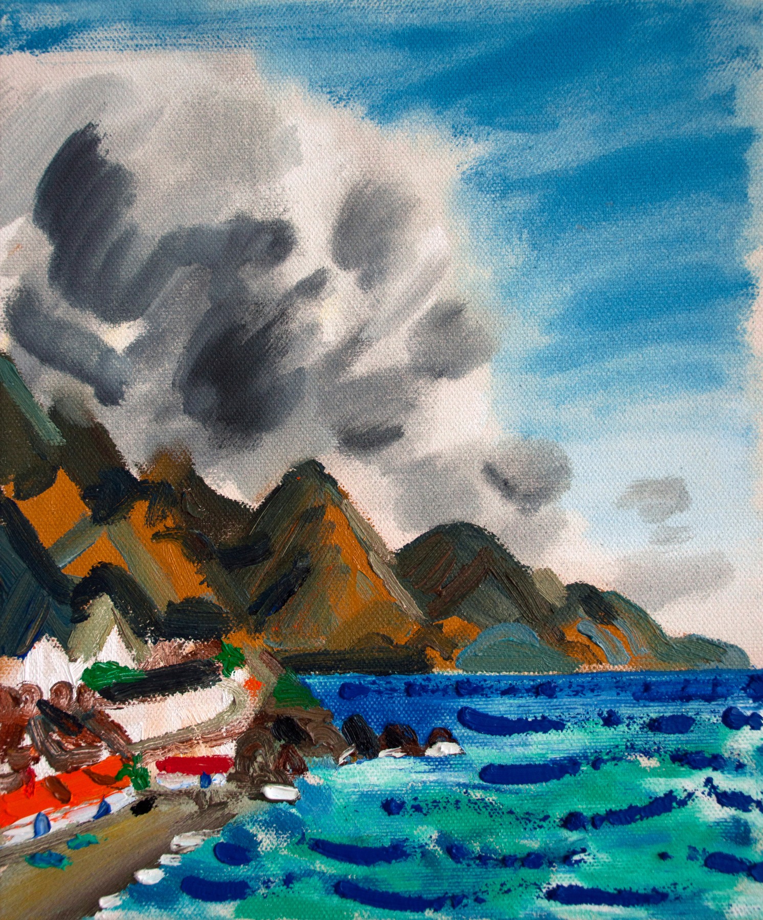 Oil painting of a beach followed by a mountain scape in the background