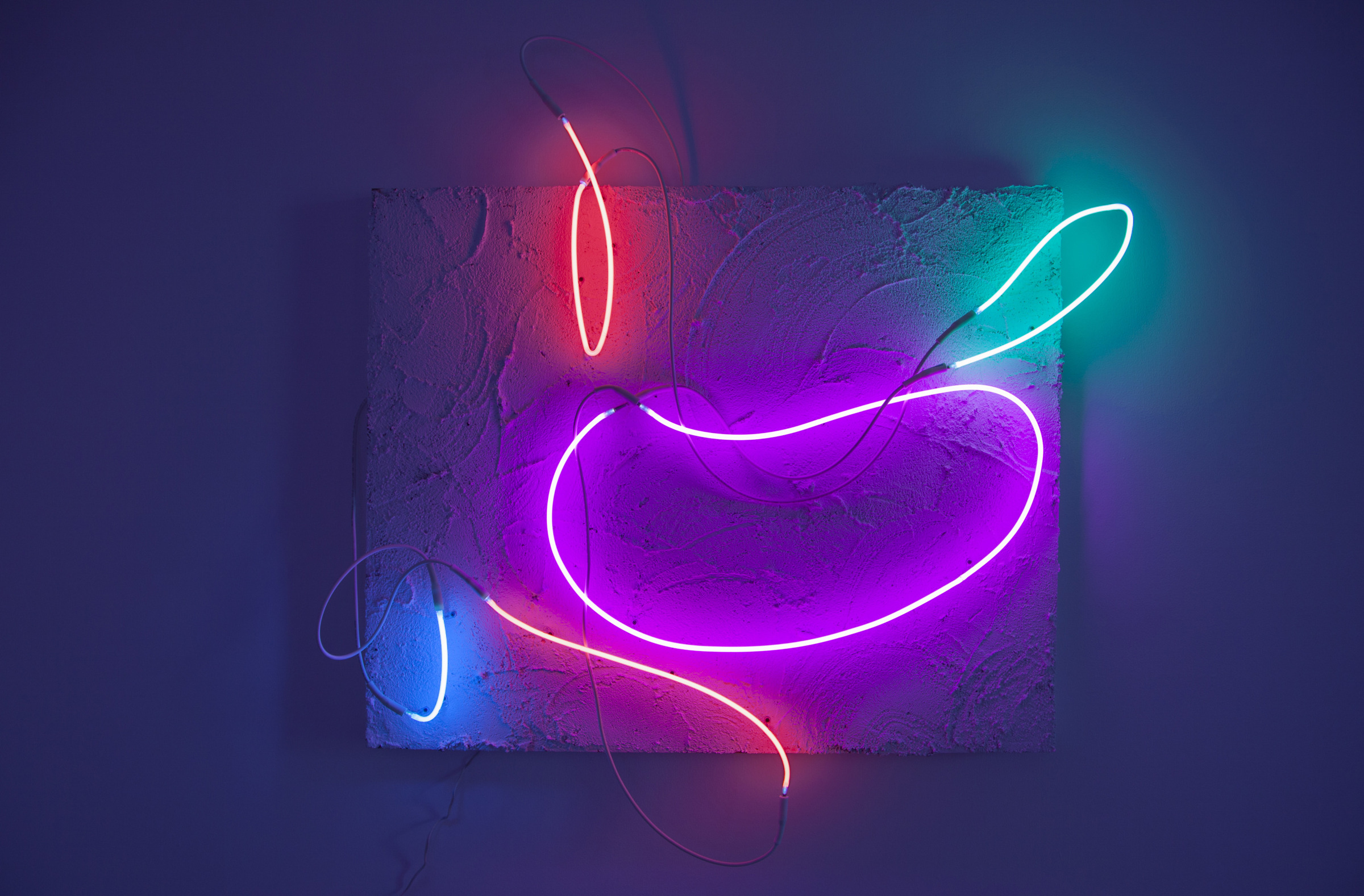 Brandon Andrew Sundance, My police department, Tender Greens, Airbnb, Rose Bowl Flea Market, Refinery29, Barney&rsquo;s, Kombucha, McDonalds Poetry Readings, 2016 Acrylic paint, stucco, neon on panel ​52x 42 inches