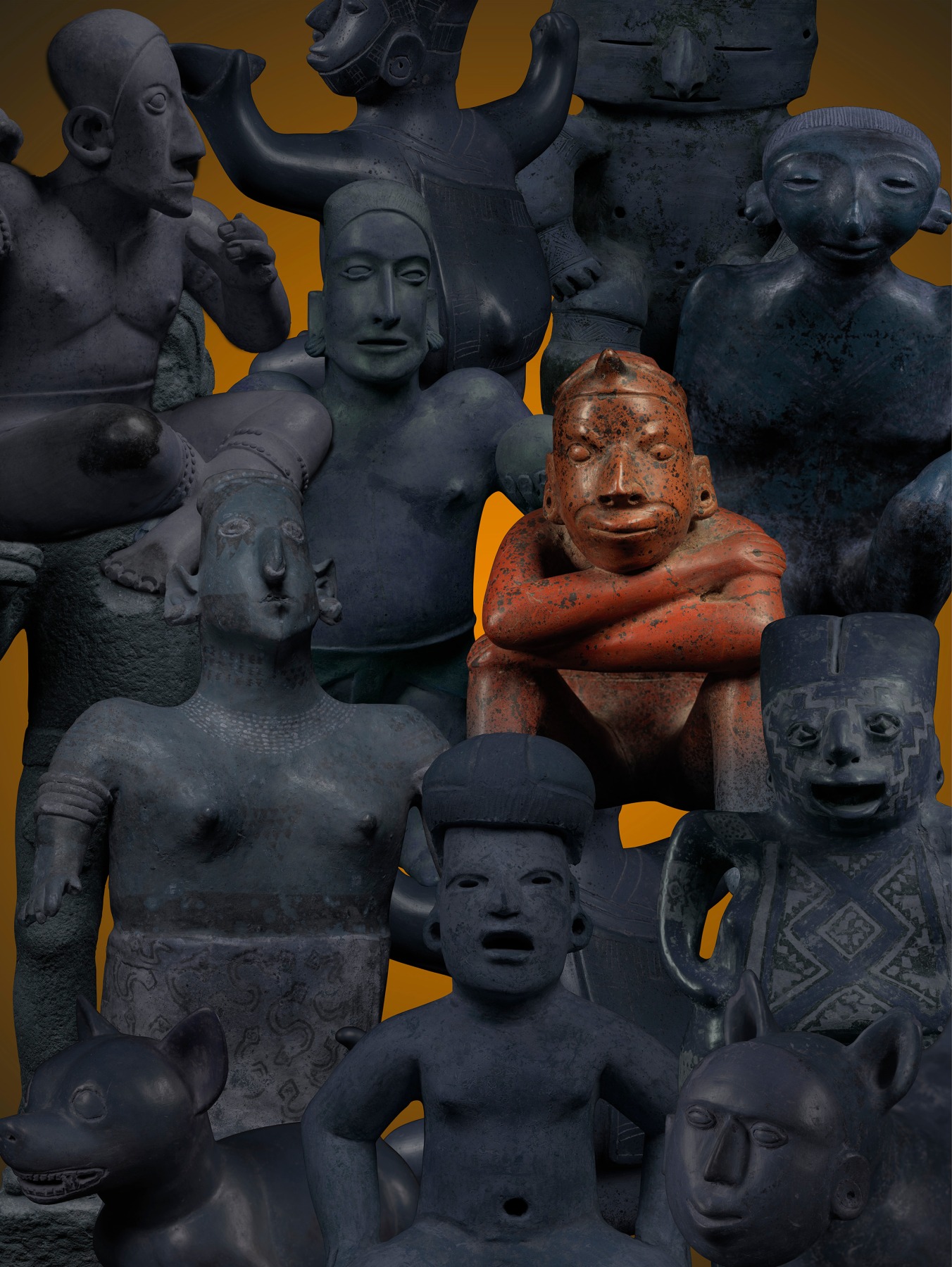 Ken Gonzales-Day Guardian I (Digital composition with Mexico, Jalisco, Seated Male Figure; Mexico, Colima, Figural Vessel of Hunchbacked Male Drinker; Colombia, Middle Cauca, Caldas, Figure with Ligatures; Mexico, Nayarit, Seated Female Figure; Mexico, Jalisco;&nbsp; Standing Male Figure; Mexico, Colima, Seated Male Figure; Mexico, Nayarit, Standing Female Figure; Mexico, Tlatilco, Seated Figure; Mexico, Guanajuato, Ac&aacute;mbaro Valley, Chup&iacute;cuaro, Standing Female Figure; Mexico, Colima, Standing Dog; Mexico, Colima